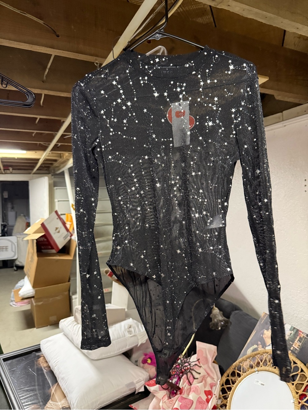 Cider Black Sheer Star-Print Long-Sleeve Bodysuit